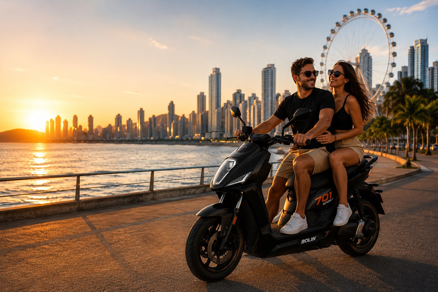 Casal andando de scooter elétrica em Balneário Camboriú ao pôr do sol